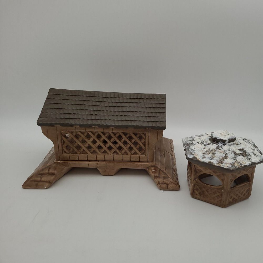 Byron Molds Christmas Village Covered Bridge Gazebo 3 Pieces Hand Painted  1979